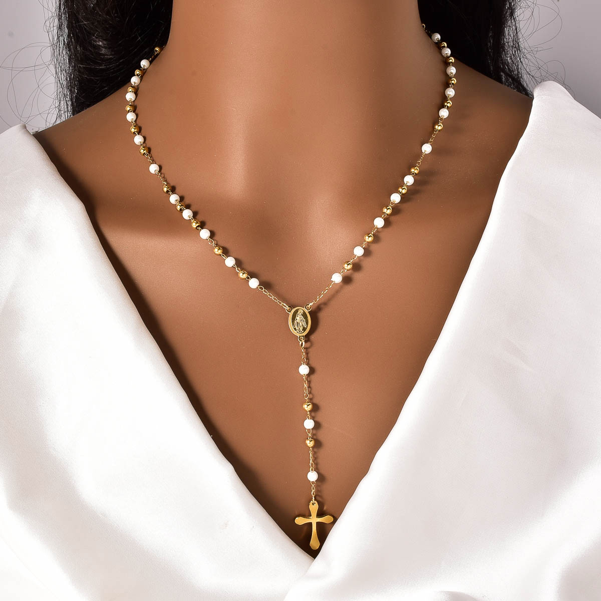 Unisex Crucifix Y-Shaped Necklace with White Beads
